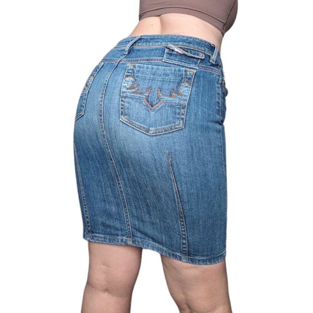 Vintage Diesel Denim Skirt Knee Length Pencil Jean Embroidered Low Rise Womens